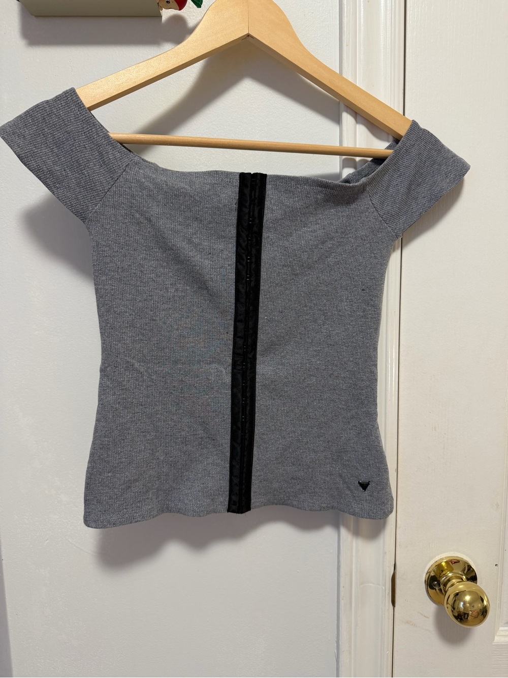 GUESS Gray Off-Shoulder Top with Black Center Trim